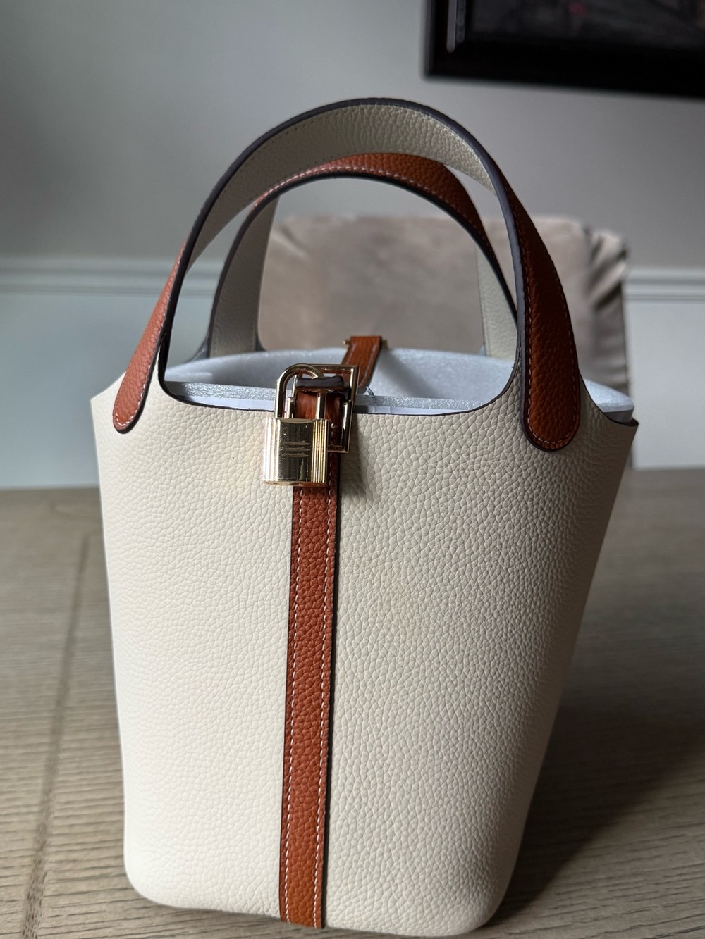 Cream and Brown Genuine Leather Bucket Bag (Designer Inspired)